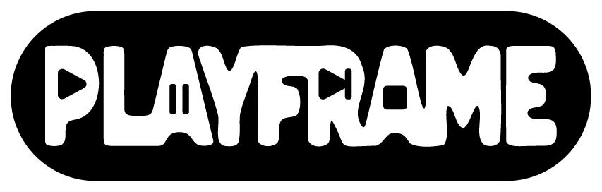 Playframe Media musta logo pyöreällä taustalla